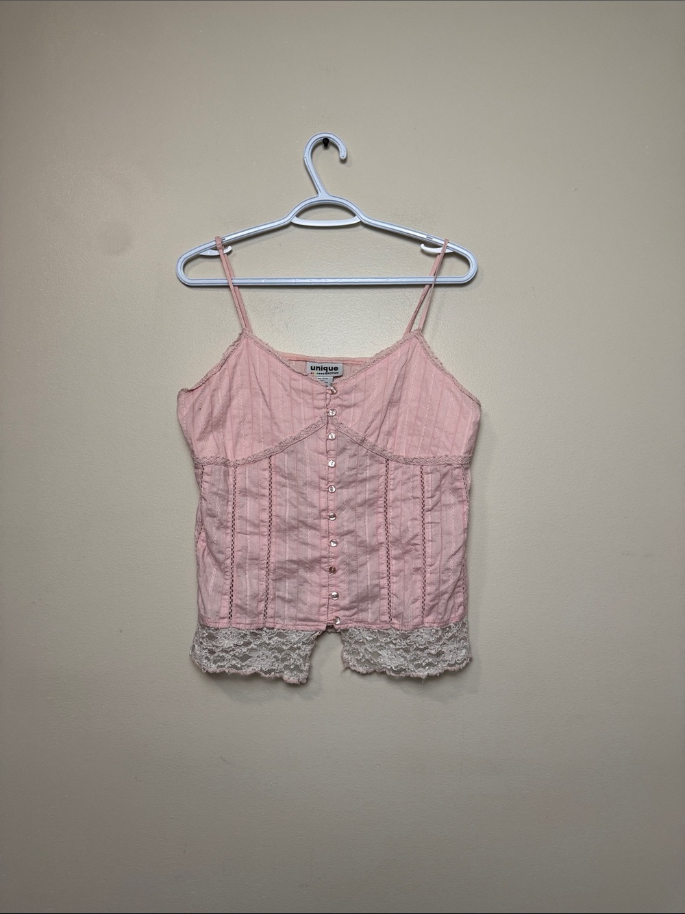 Y2k uNique spectrum Pink Lace-Trim Button-Front Camisole size L